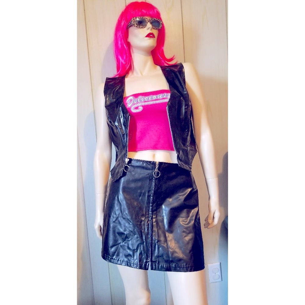 Vintage 90s PUNK Shiny Wet-look Black PVC Zippered Vest & Mini Skirt Outfit
